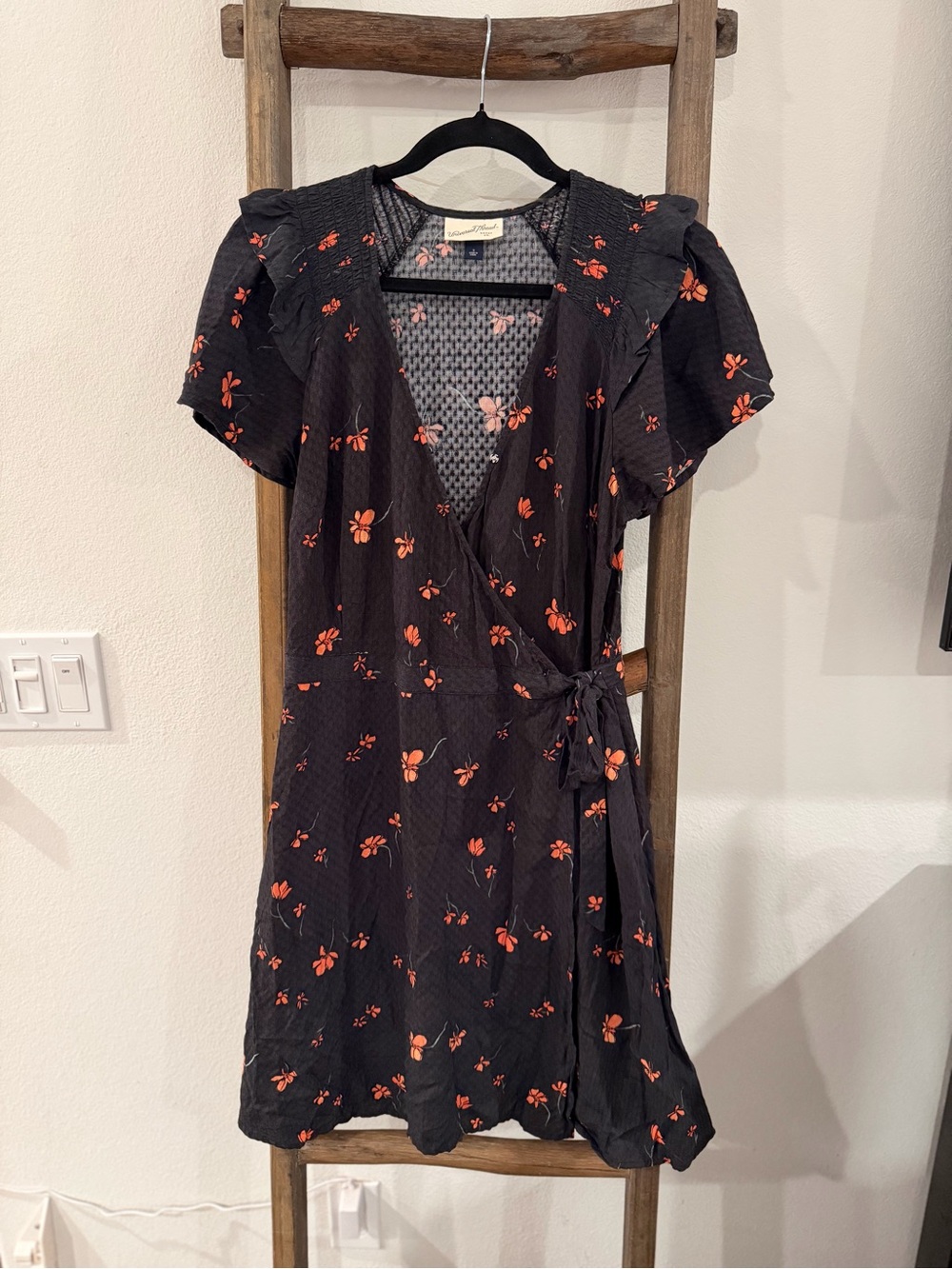 Universal Thread Black Wrap Mini Dress with Orange Floral Print